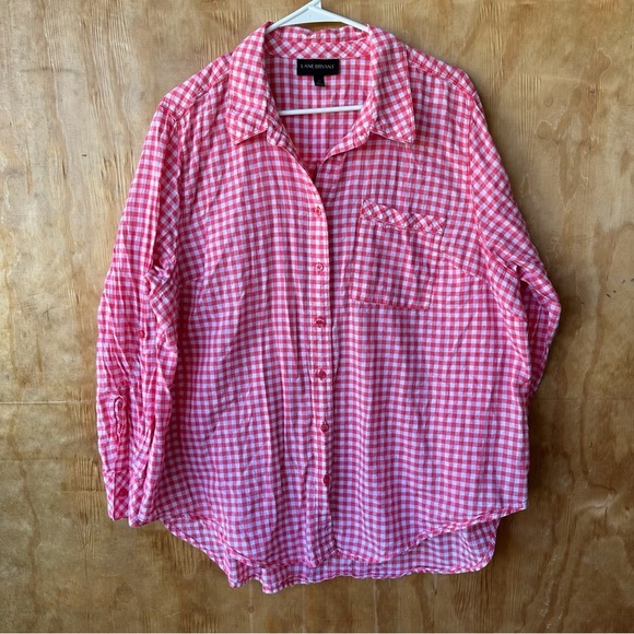 Lane Bryant Pink Plaid Seersucker Gingham Long Sleeve button down Collared shirt - Picture 1 of 12